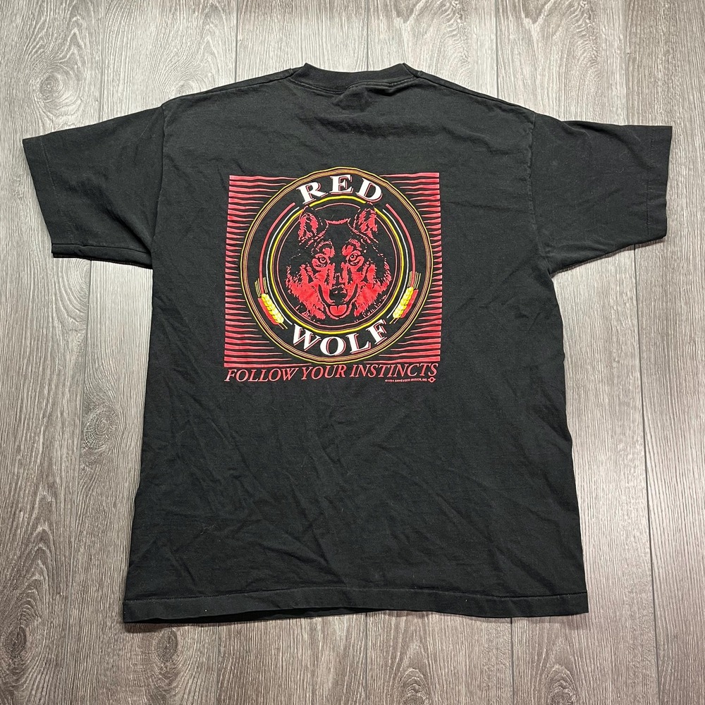 Vintage Red Wolf Beer Art T Shirt XL Extra Large Black Single Stitch Faded 1994